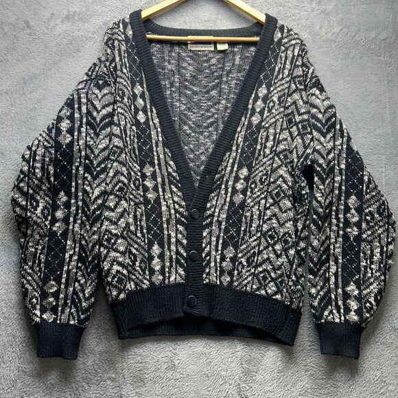 Vintage Cardigan Sweater Mens Medium Black Aztec Knit 80s Preppy Eclectic Y2K - Picture 13 of 13